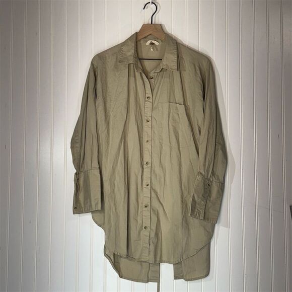 Free People Khaki Oversized Shirt Dress TieBack 100% Cotton Tunic Mini Lagenlook - Picture 1 of 8
